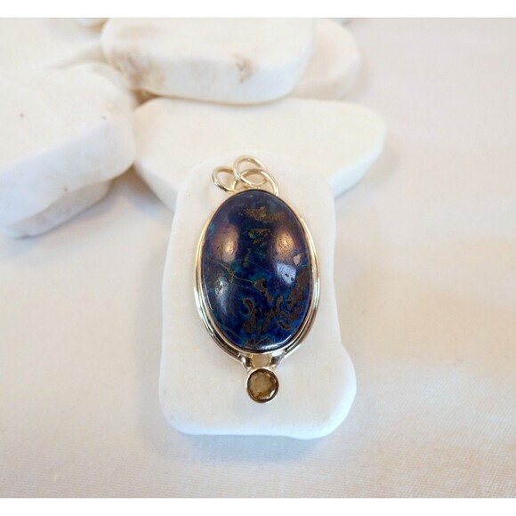 Natural Deep Blue Azurite & Blue Topaz  925 Sterling Silver Pendant - Picture 4 of 8
